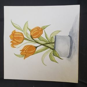 Original  water color of orange tulips in a gray pot. Signed JS 8/23/08
